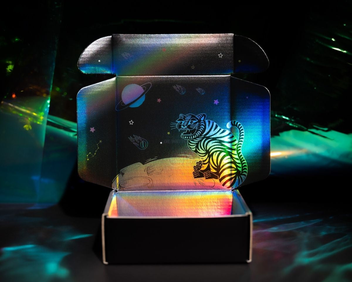 Close-up of the holographic box design, serving as a cover image for Felix's Diary and the story of Cosmic Beans and superpowers.